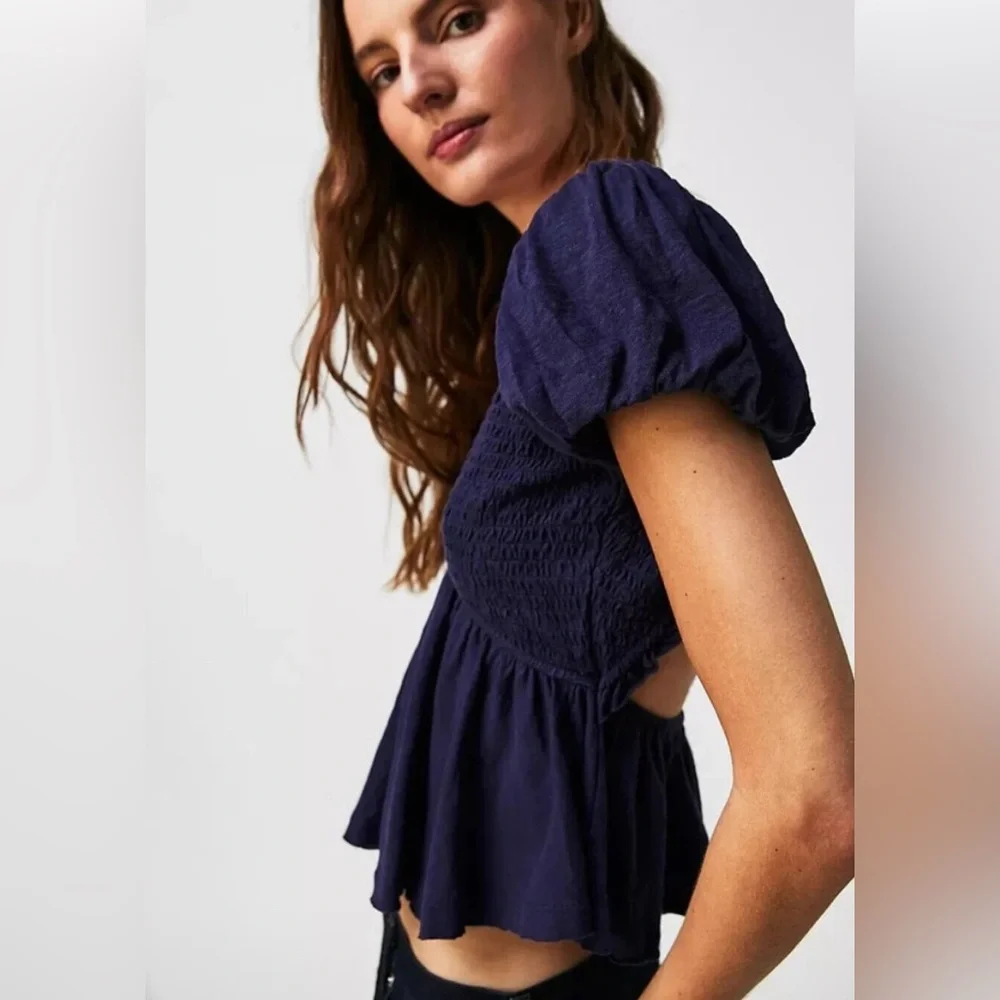 FREE PEOPLE Charolette Top – Navy Blue Smocked Puff Sleeve Blouse | Size L